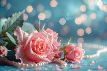 Delicate Pink Roses and Pearl Necklace on Blue Background