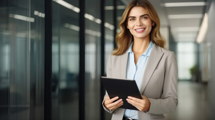 Fototapeta premium portrait of happy business woman standing in office using tablet, smiling and looking at camera.