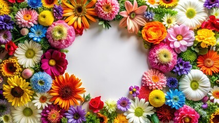 Frame of colorful flowers arranged in a circular pattern, floral, vibrant, petals, blooms, botanical, garden, nature