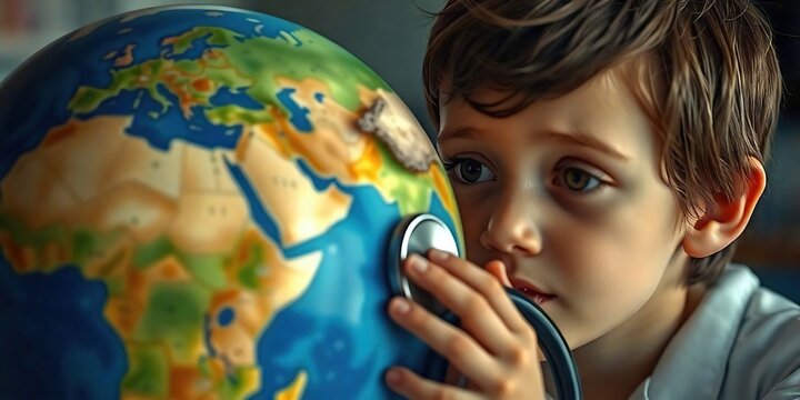 Ni&ntilde;o con estetoscopio puesto escucha al mundo. Trata de sanarlo. Diagnosticarlo. Cambio clim&aacute;tico es la enfermedad que le aqueja. 