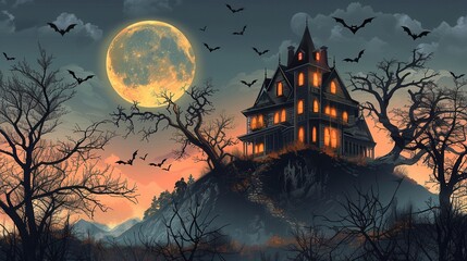 Fototapeta premium An old, spooky house on top of a hill with a full moon