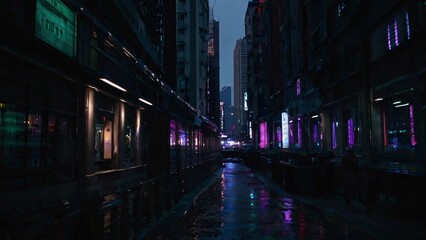  A nighttime city scene featuring a street glow with striking neon lights