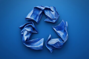 Fototapeta premium Artistic swirl of blue recycled material forming a unique recycle symbol on a pastel lavender background.