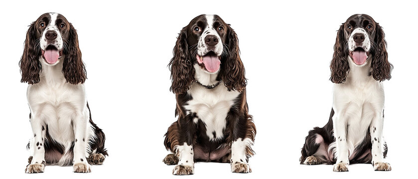 Collection of three dogs cheerful English Springer Spaniels set isolated on white background