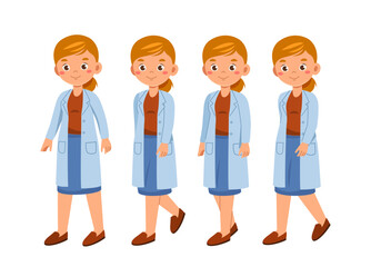 Female doctor constructor. Woman in medical uniform. Kit for creating cartoons. Pack of character in different poses. Health care and medicine. Flat vector collection