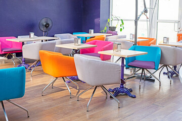 stylish light interior of a cafe in a supermarket. Trends and fashion in interior