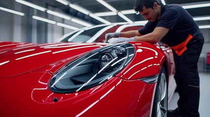 Skilled Technician Detailing Red Sports Car in Modern Auto Workshop During Daytime Hours