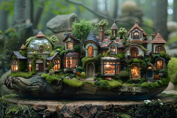 Fototapeta premium A serene miniature village nestled among lush trees and vibrant moss in a tranquil woodland setting.