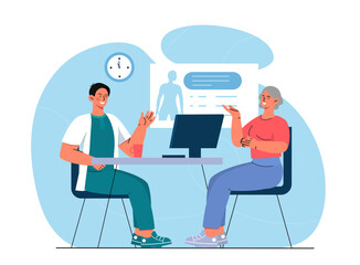 Elderly woman with doctor. Man in medical gown makes diagnosis to old woman. Health care and medicine, treatment. Pensioner in hospital. Flat vector illustration