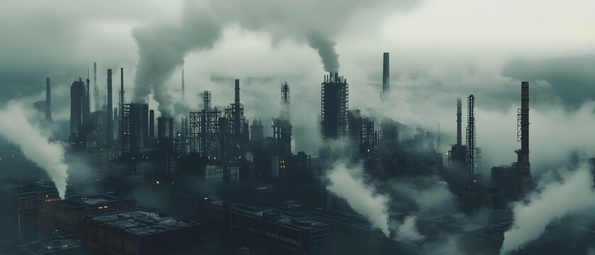 Gritty and moody dieselpunk cityscape featuring towering industrial complexes billowing smokestacks and rusted machinery  The scene has a cinma vrit inspired documentary style with high contrast