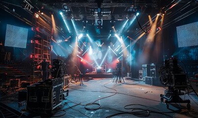 A Live stage production being built in a center stage type venue. Stage rigging equipment, lighting trusses, stairs and PA systems being carried in, Generative AI 