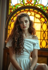 Fototapeta premium A young woman with long, curly brown hair wearing a white off-the-shoulder dress, sitting in front of a stained glass window