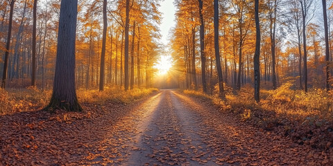 Fototapeta premium A romantic autumn landscape in the forest with sunlight shining on the brown leaves and trees, creating a peaceful and serene atmosphere.