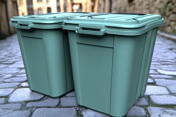 Two green recycling bins on a cobblestone street symbolizing organized urban waste management and community responsibility.