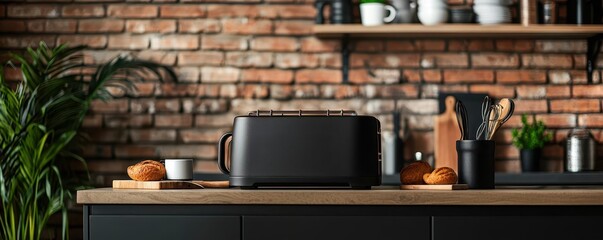 Industrial-style toaster with rugged design, in a loft kitchen with exposed brick, urban living