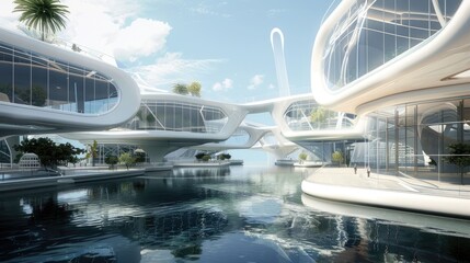 Floating architectural concept with interconnected buildings and sky bridges