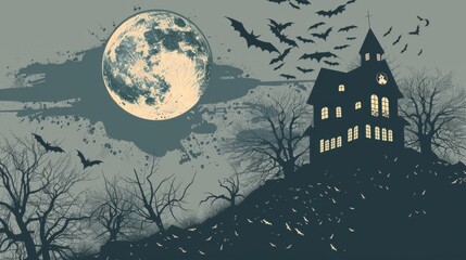 Fototapeta premium An old, spooky house on top of a hill with a full moon