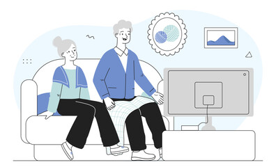 Elderly couple watching TV. Elderly man and woman sitting on sofa and watching television show. Entertainment, fun and leisure in evening. Linear vector illustration