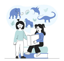 Girls with encyclopedia. Kids with book read about animals. Dinosaur, mammoth, stingray and monkey. Education and training, learning. Preschoolers with textbook. Linear vector illustration