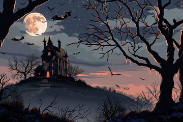 Fototapeta premium An old, spooky house on top of a hill with a full moon