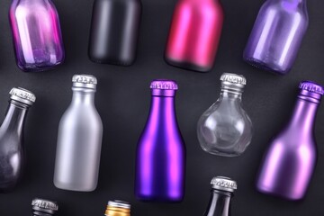 Assorted colorful plastic bottles on a black surface emphasizing the importance of plastic recycling and the impact of consumer waste.
