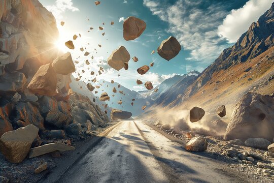 A rockfall blocking the road in the mountains on a sunny morning, with rocks in the air and sunlight