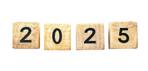 Wooden cubes with new year 2025 numbers, isolated on transparent background