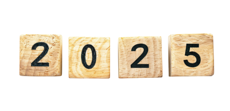 Wooden cubes with new year 2025 numbers, isolated on transparent background