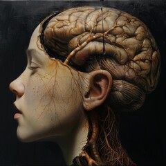 A surreal portrait of a woman with her brain exposed, showcasing intricate anatomical detail.  The image evokes a sense of mystery and vulnerability.