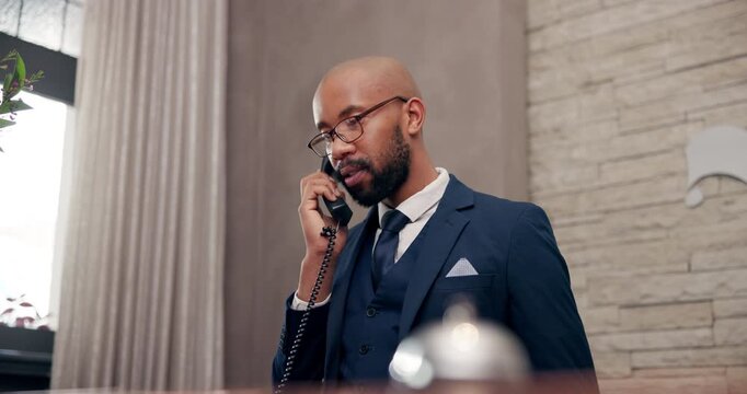 Black man, phone call and receptionist with booking reservation for customer service, support or online check in at hotel. Young African or happy concierge on telephone for accomodation at resort