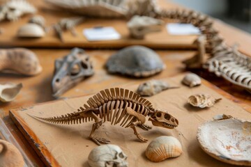 A collection of  skeletal remains of various animals, including a dinosaur, bird skull, and shells, on a wooden table.