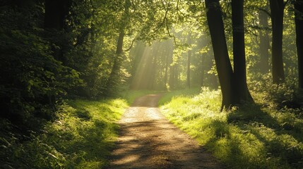 Obraz premium Serene forest path with sunlight filtering through the trees