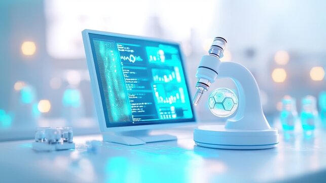 Modern laboratory setup with a microscope and computer displaying scientific data, ideal for research and innovation.