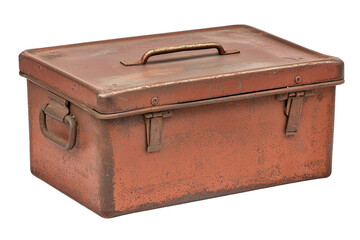 Rusty metal toolbox with a sturdy handle, perfect for storage or vintage decor. Ideal for DIY enthusiasts and artisans.