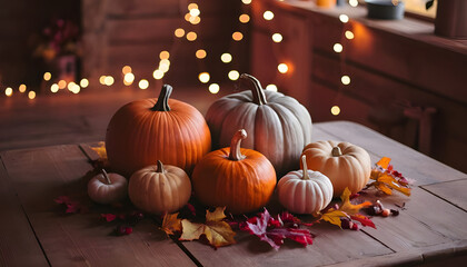 Halloween pumpkin on wooden table against bokeh ligating effect