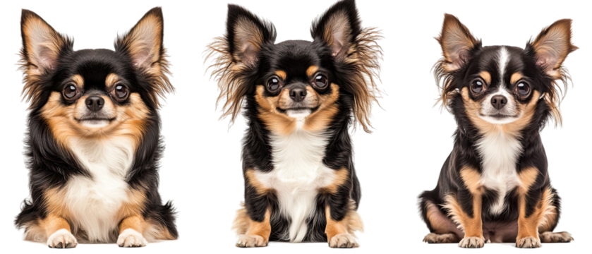 Collection of three dogs graceful Japanese Chins set isolated on white background
