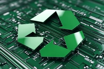 Green recycling symbols on a circuit board symbolizing the importance of e waste recycling in reducing environmental impact and promoting sustainability.