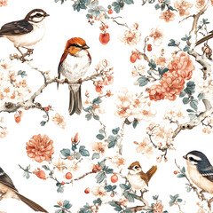 chinoiserie floral pattern of birds, trees, leaves and flowers in colorful red