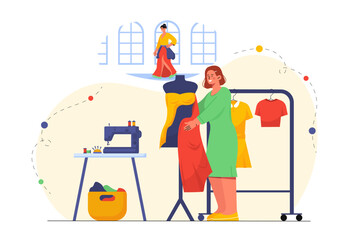 Fashion designer woman. Young girl tries on dress on mannequin. Seamstress and tailor. Needlework and handicraft clothes. Fashion and style. Flat vector illustration