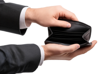 hand in suit holding an empty black wallet isolated on white background