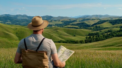 Tour guide with map, scenic viewpoint Background