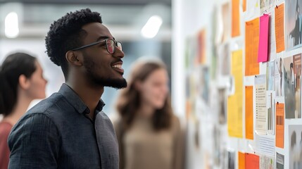 4. "A workplace bulletin board featuring materials and posters that promote diversity and inclusivity. Employees of different backgrounds are seen engaging with the content, reflecting a commitment