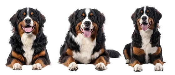 Collection of three dogs joyful Bernese Mountain Dogs set isolated on white background