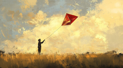 Depict an individual flying a kite alone in a peaceful setting, such as a quiet beach or open field, highlighting the meditative and contemplative aspects of kite flying.