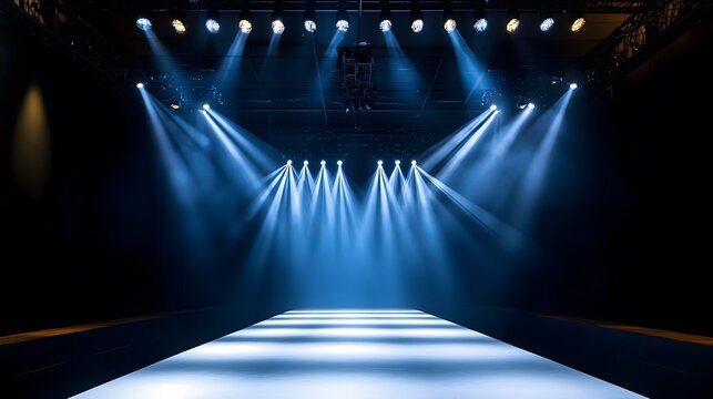 3. "A dramatic empty catwalk with an array of spotlights casting bright, focused beams onto the runway. The runway podium stage is pristine and ready for the fashion show, with the lights