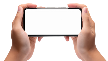 hands hold mobile phone blank white screen on landscape or gaming mode mockup isolated white background
