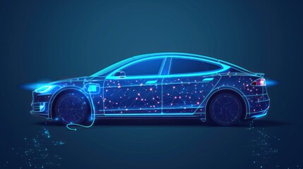 Fototapeta premium Electric car icon from lines, triangles and particle style design.