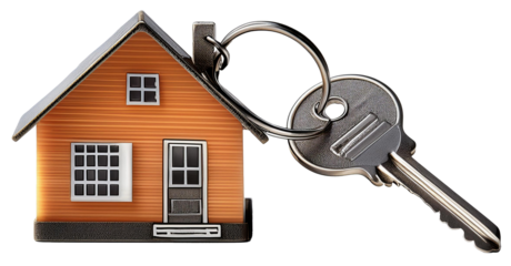key with miniature house keychain isolated on white background