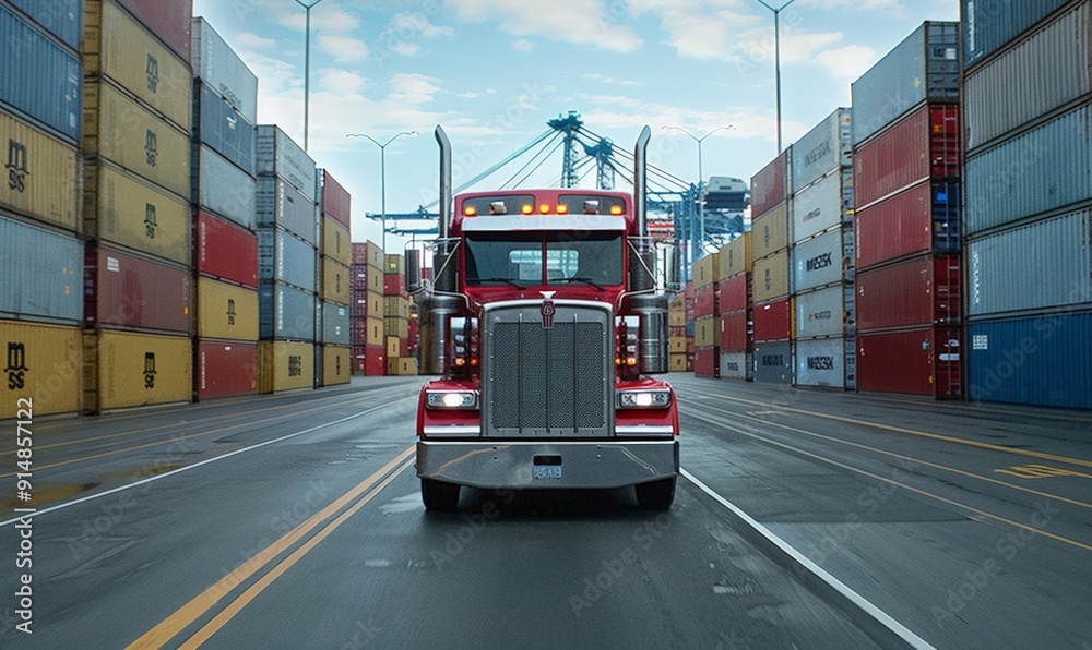 Wall mural Red big  Industrial long hauler semi truck  is driving down a road next to a large container yard.   Freight transportation, delivery and logistics concept.