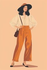 Minimalism illustration, a Latina woman, wearing a boho high-waisted trousers with a flowy blouse, a beret, and a small satchel bag, standing with one hand on her hip, boho woman fashion